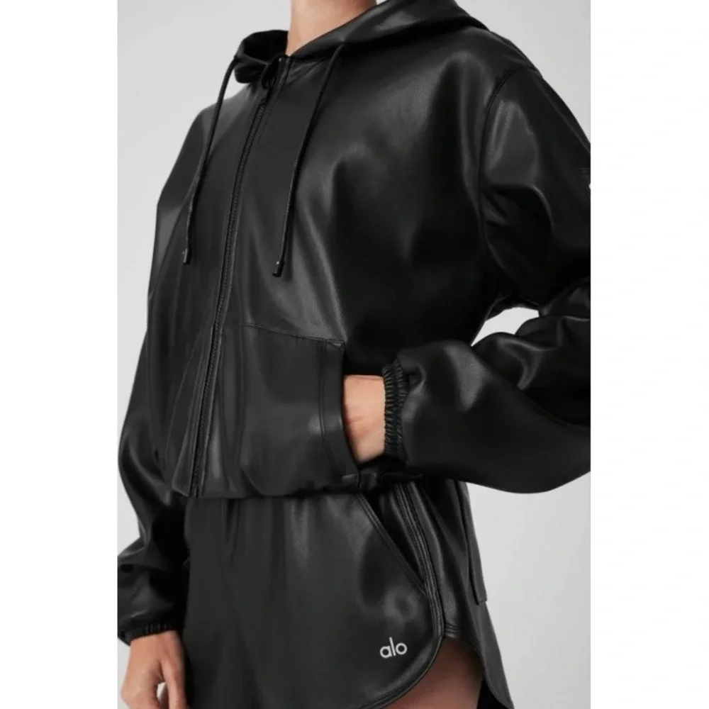 Alo Yoga Faux Leather Bomber Jacket Full Zip Cropped Hooded Black Sporty XS